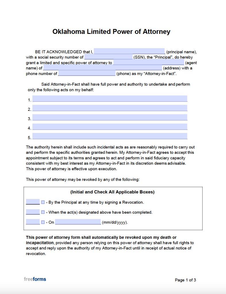 Free Oklahoma Limited Special Power Of Attorney Form Pdf Word 4470