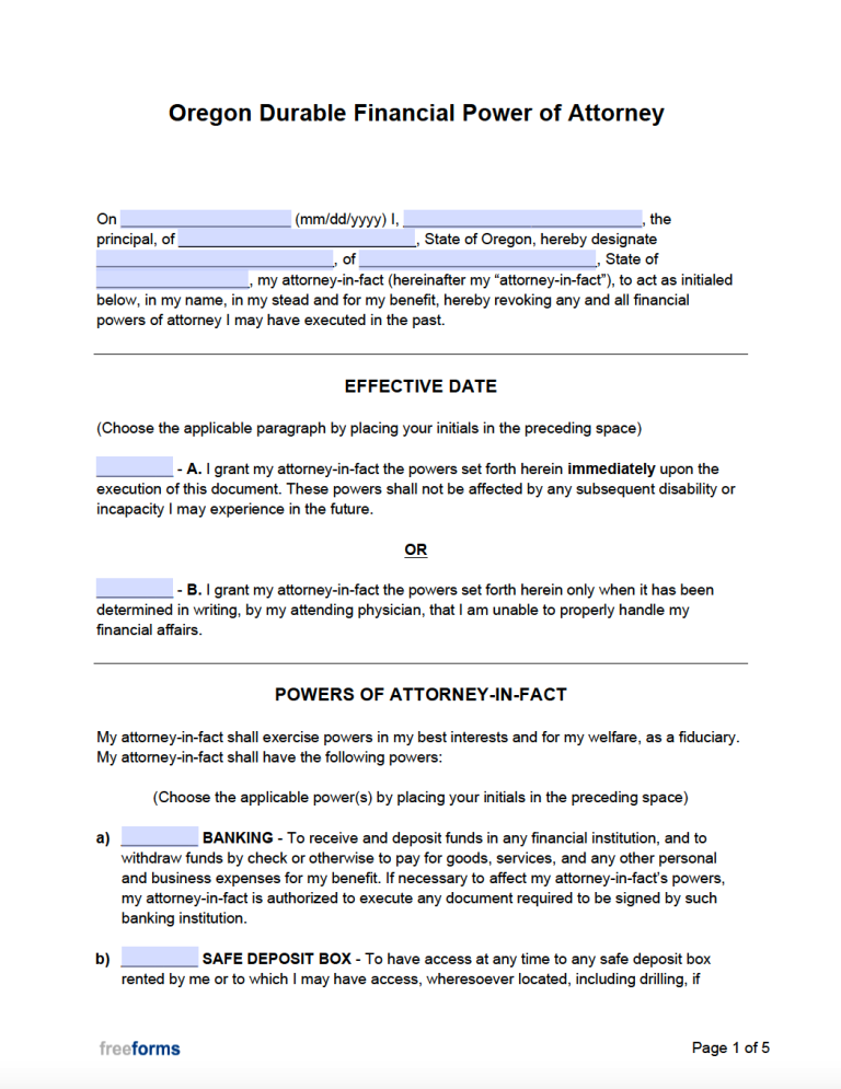 Free Oregon Durable (Financial) Power of Attorney Form PDF WORD