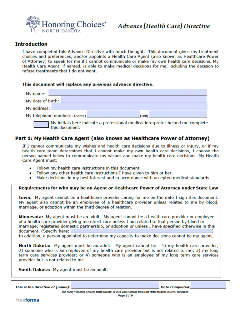 Free North Dakota Advance Directive Form (Medical POA & Living Will) PDF