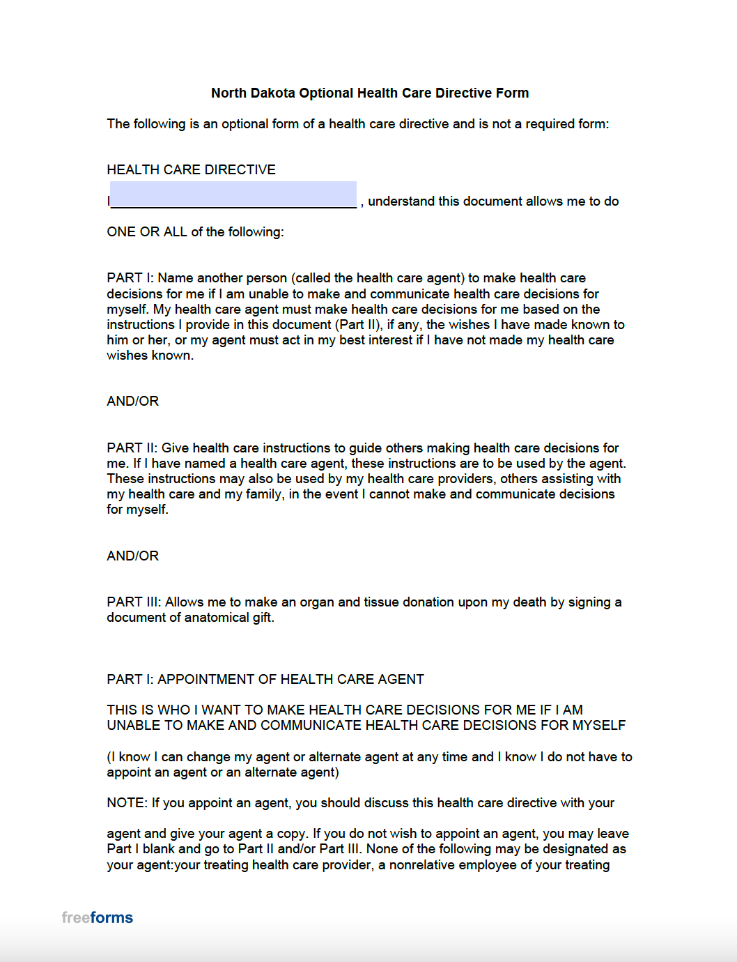 Free North Dakota Advance Directive Form (Medical POA & Living Will) PDF