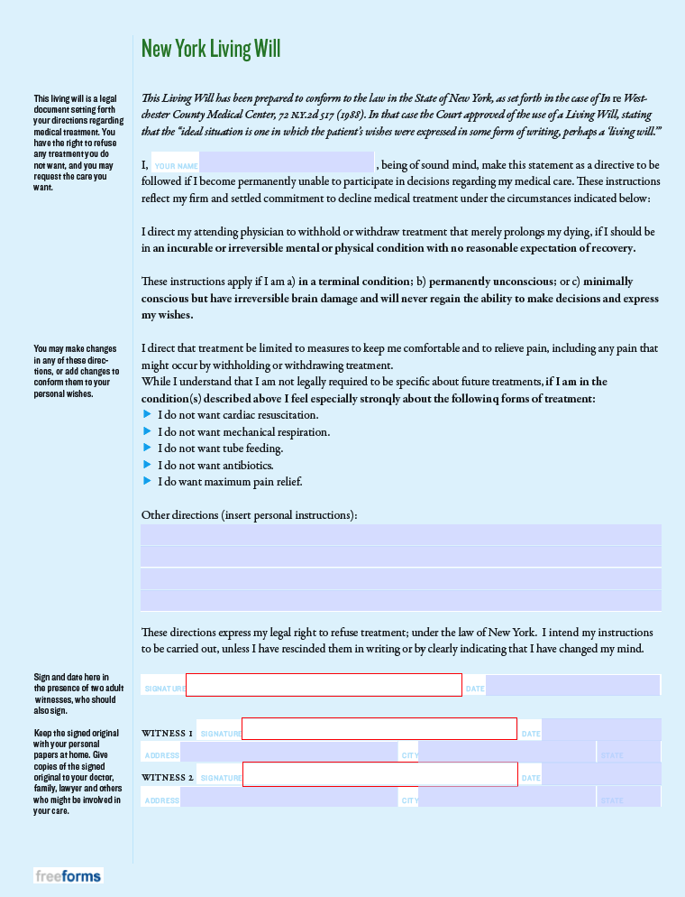 Free New York Living Will Form PDF