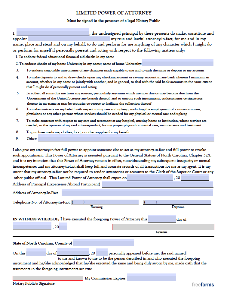 Free North Carolina Limited (Special) Power of Attorney Form | PDF | WORD