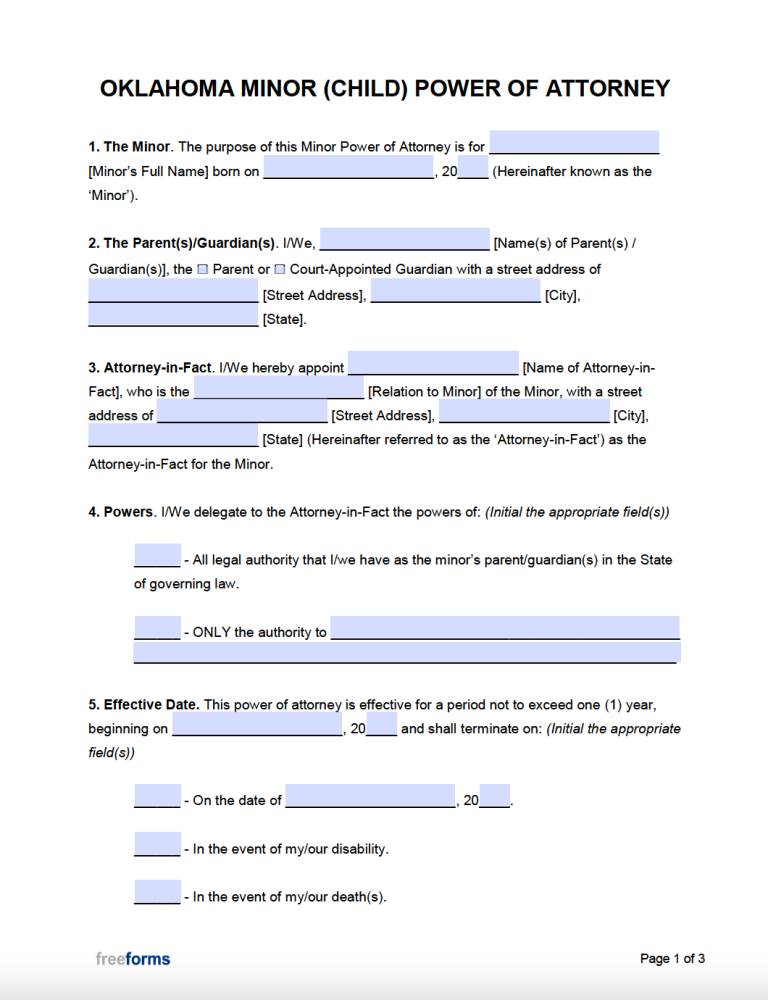 Free Oklahoma Minor Child Power of Attorney Form PDF WORD
