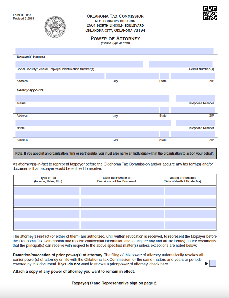 Free Oklahoma Tax Power of Attorney Form | PDF