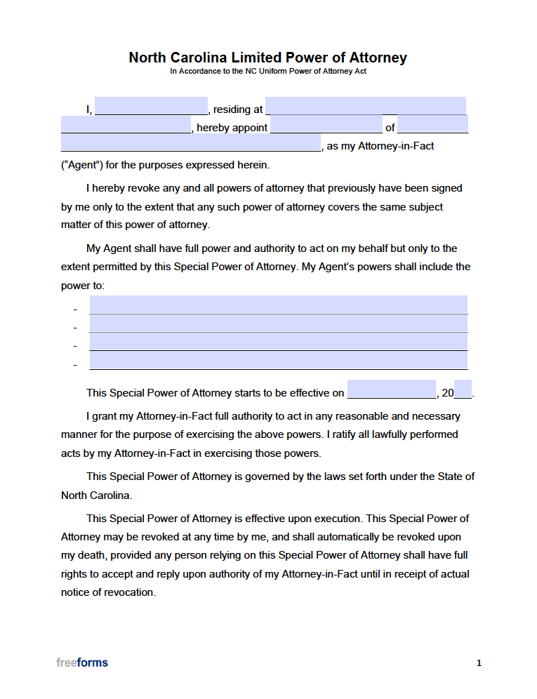 Free North Carolina Limited (Special) Power of Attorney Form | PDF | WORD