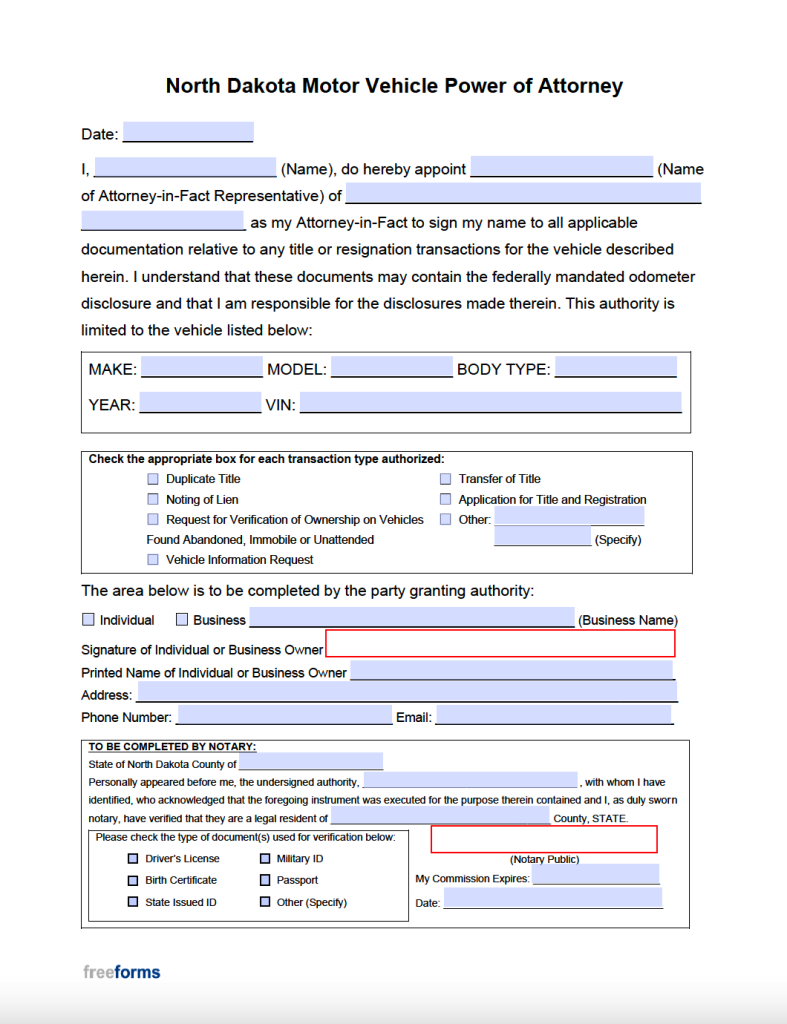 Free North Dakota Motor Vehicle Power Of Attorney Form 