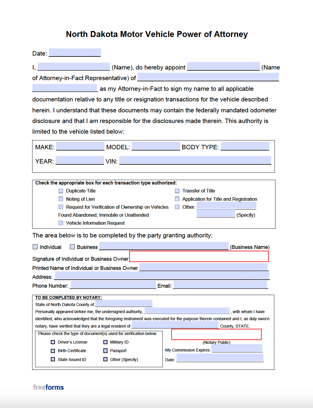 Free North Dakota Motor Vehicle Power of Attorney Form | PDF