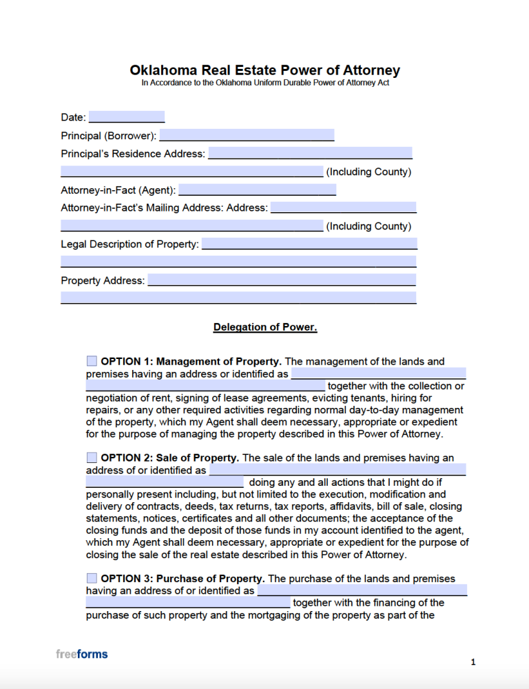 Free Oklahoma Real Estate Power of Attorney Form PDF WORD