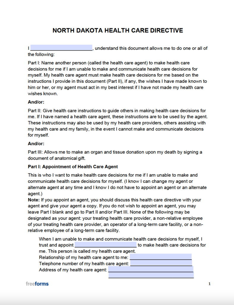 Free North Dakota Advance Directive Form (Medical POA & Living Will) PDF