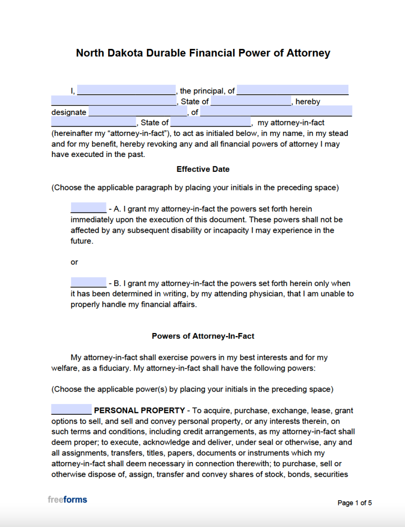 Free North Dakota Durable Financial Power Of Attorney Form PDF