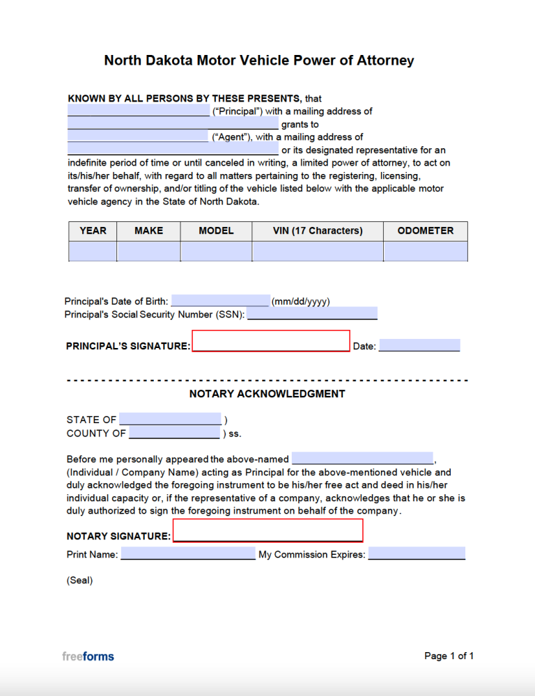 Free North Dakota Motor Vehicle Power of Attorney Form | PDF