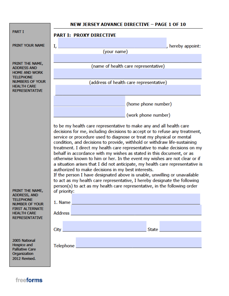 Free New Jersey Advance Directive Form (Medical POA & Living Will) PDF