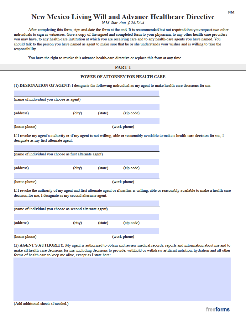 Free New Mexico Advance Directive Form (Medical POA & Living Will