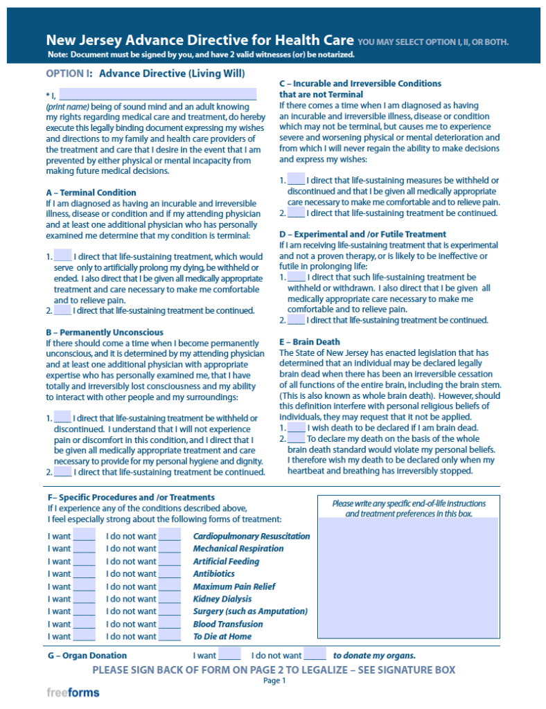 Free New Jersey Advance Directive Form (Medical POA & Living Will) PDF