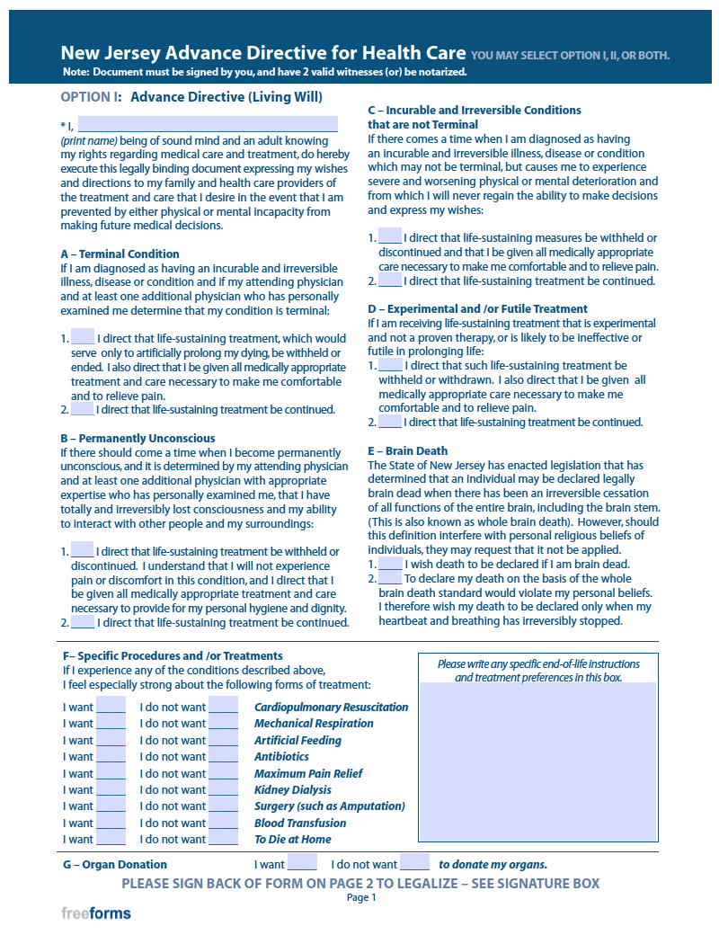 Free New Jersey Advance Directive Form (Medical POA & Living Will) PDF