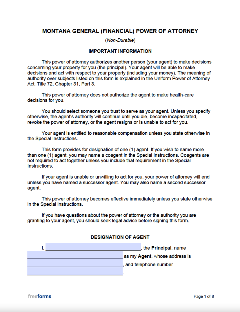 Free Montana General Financial Power Of Attorney Form Pdf Word 