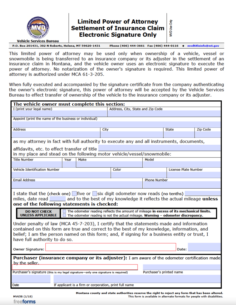 Free Montana Motor Vehicle Power of Attorney Form | PDF