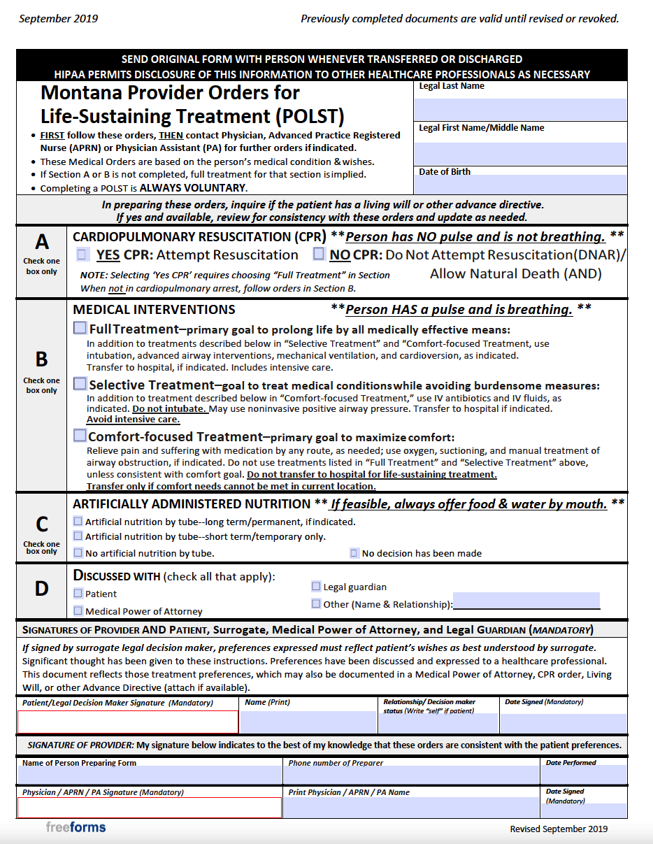 Free Montana Advance Directive Form (Medical POA & Living Will) PDF