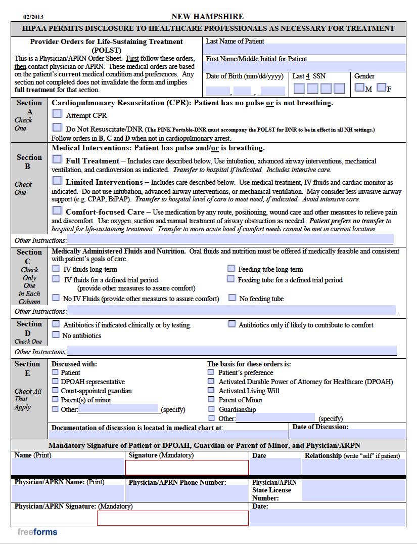 Free New Hampshire Advance Directive Form Medical Poa And Living Will Pdf