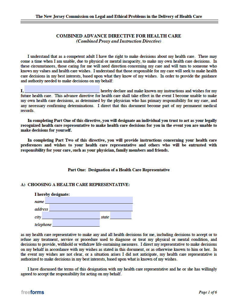 sectie Clancy Ruwe olie Free New Jersey Advance Directive Form (Medical POA & Living Will) | PDF