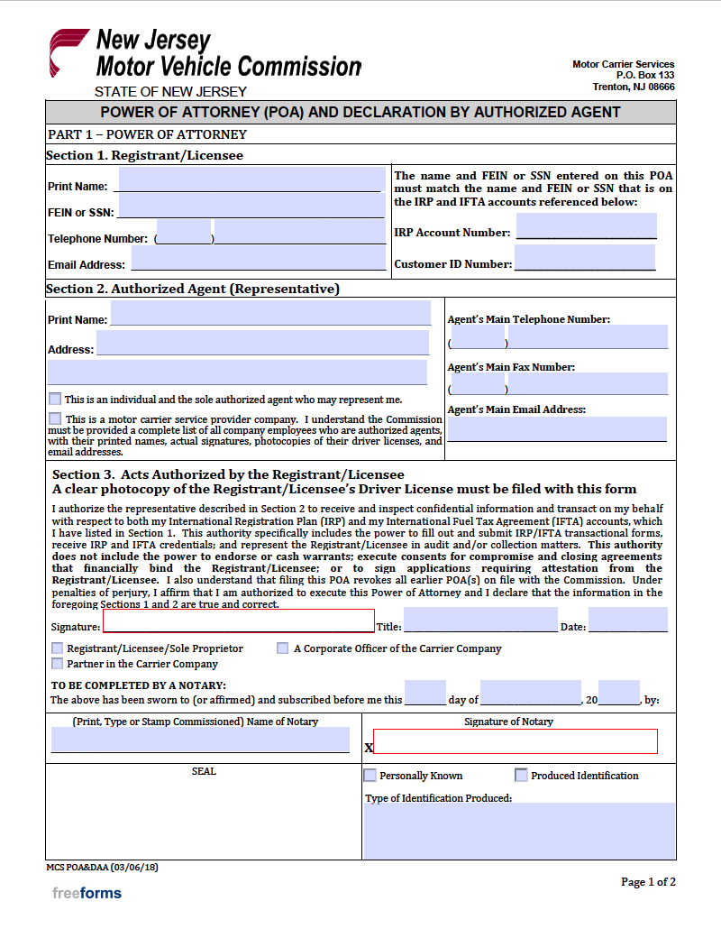 Free New Jersey Motor Vehicle Power of Attorney Form PDF WORD