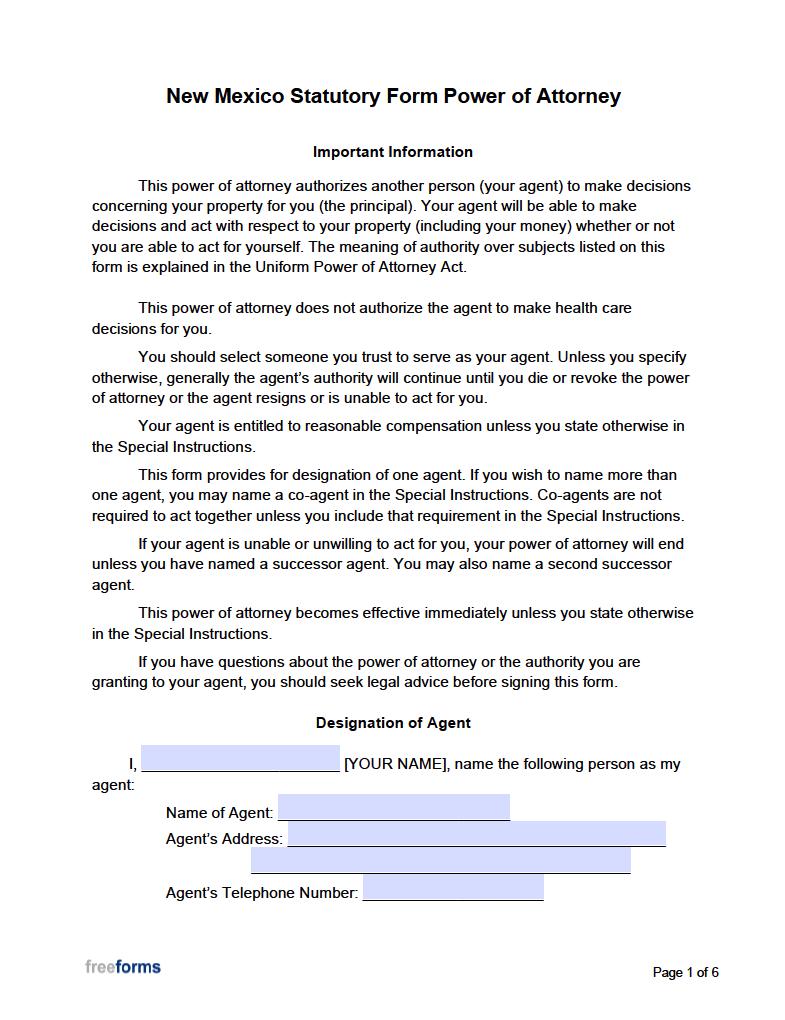 Free New Mexico Power of Attorney Forms | PDF | Word