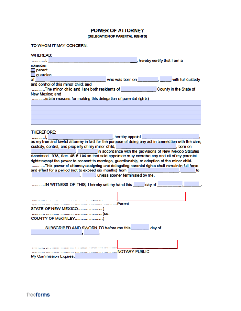 Free New Mexico Minor Child Power of Attorney Form | PDF