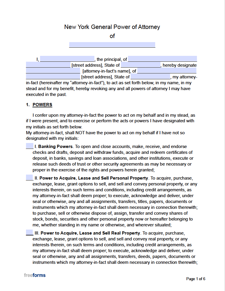 Free New York General (Financial) Power of Attorney Form PDF WORD