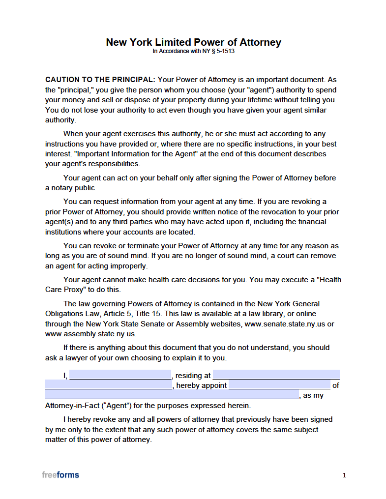 Free New York Limited (Special) Power of Attorney Form PDF WORD