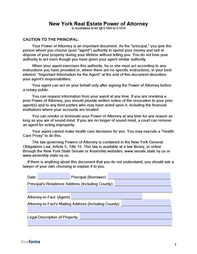 Free New York Real Estate Power of Attorney Form PDF WORD