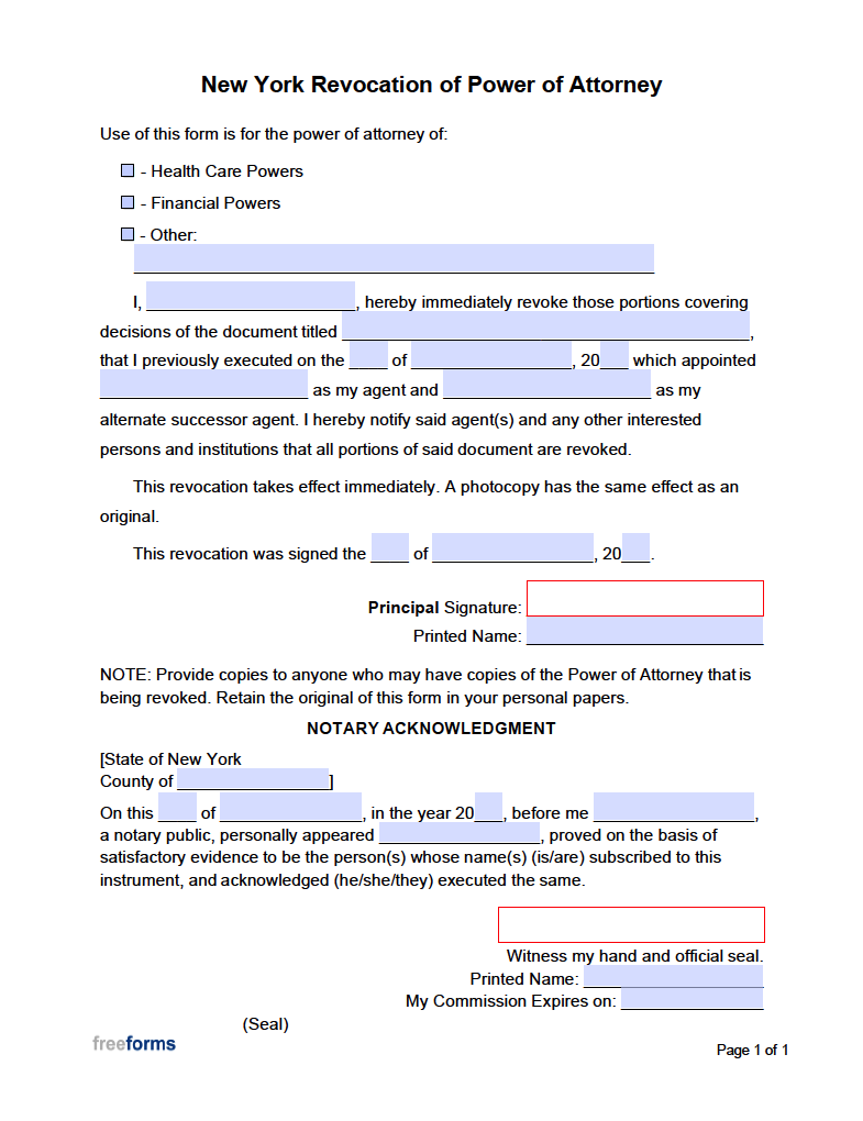 Free New York Revocation of Power of Attorney Form PDF WORD