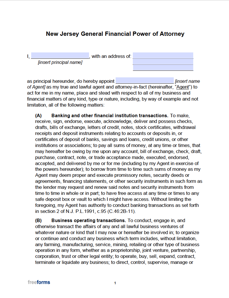 Free New Jersey General Financial Power Of Attorney Form Pdf Word 2009