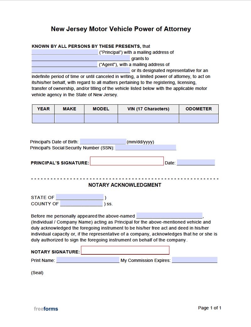 Free New Jersey Motor Vehicle Power Of Attorney Form Pdf Word 1456