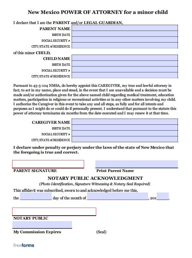 Free New Mexico Minor Child Power of Attorney Form | PDF