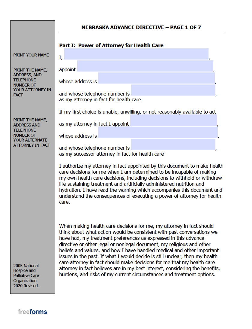 Free Nebraska Advance Directive Form (Medical POA &amp; Living Will) | PDF
