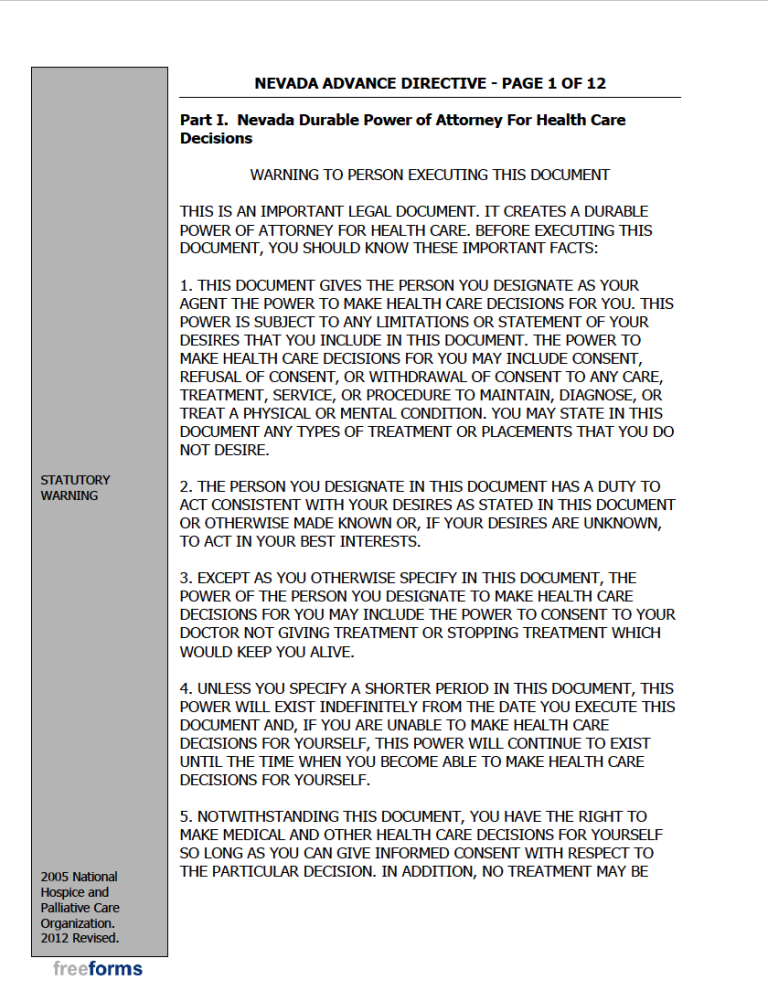 Free Nevada Advance Directive Form (Medical POA & Living Will) PDF