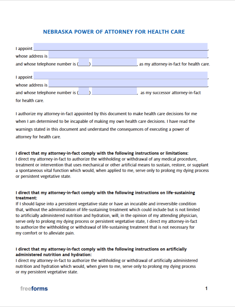 Free Nebraska Advance Directive Form (medical Poa & Living Will) 