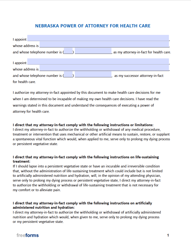 Free Nebraska Medical Power of Attorney Form | PDF