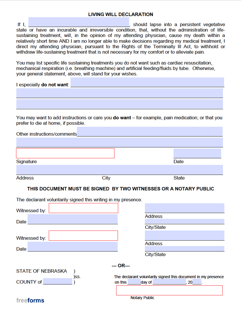 Free Nebraska Living Will Form | PDF
