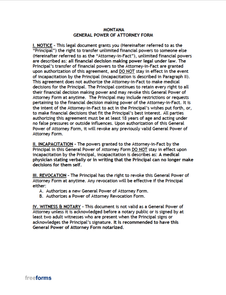 Free Montana General (Financial) Power of Attorney Form | PDF | WORD