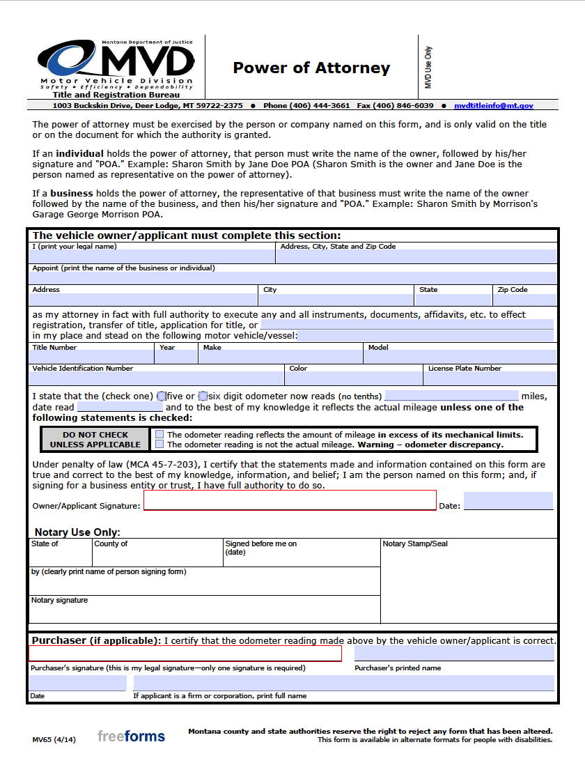 Free Montana Motor Vehicle Power of Attorney Form | PDF