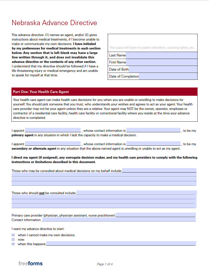 Free Nebraska Advance Directive Form (Medical POA &amp; Living Will) | PDF