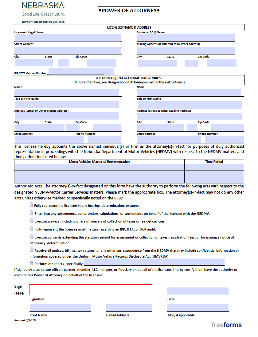 Free Nebraska Motor Vehicle Power of Attorney Form | PDF