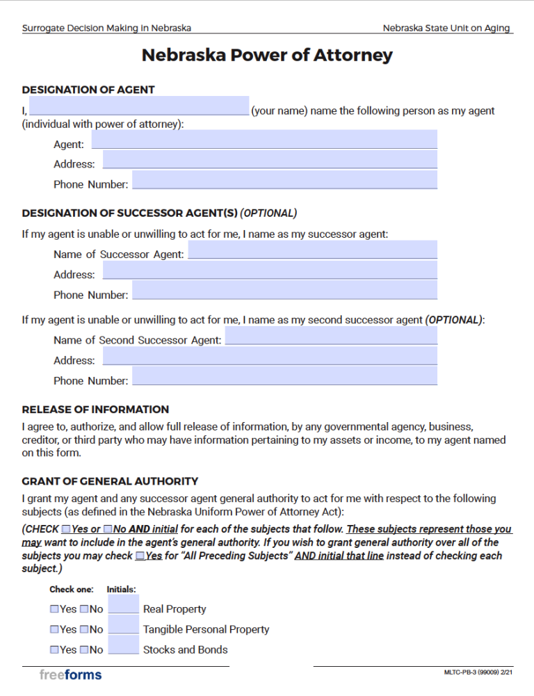 Free Nebraska Durable (Financial) Power of Attorney Form | PDF