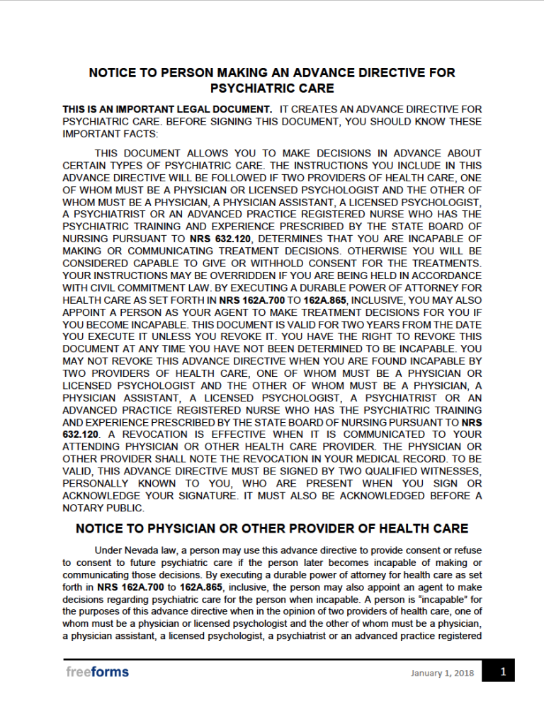 Free Nevada Advance Directive Form (Medical POA &amp; Living Will) | PDF