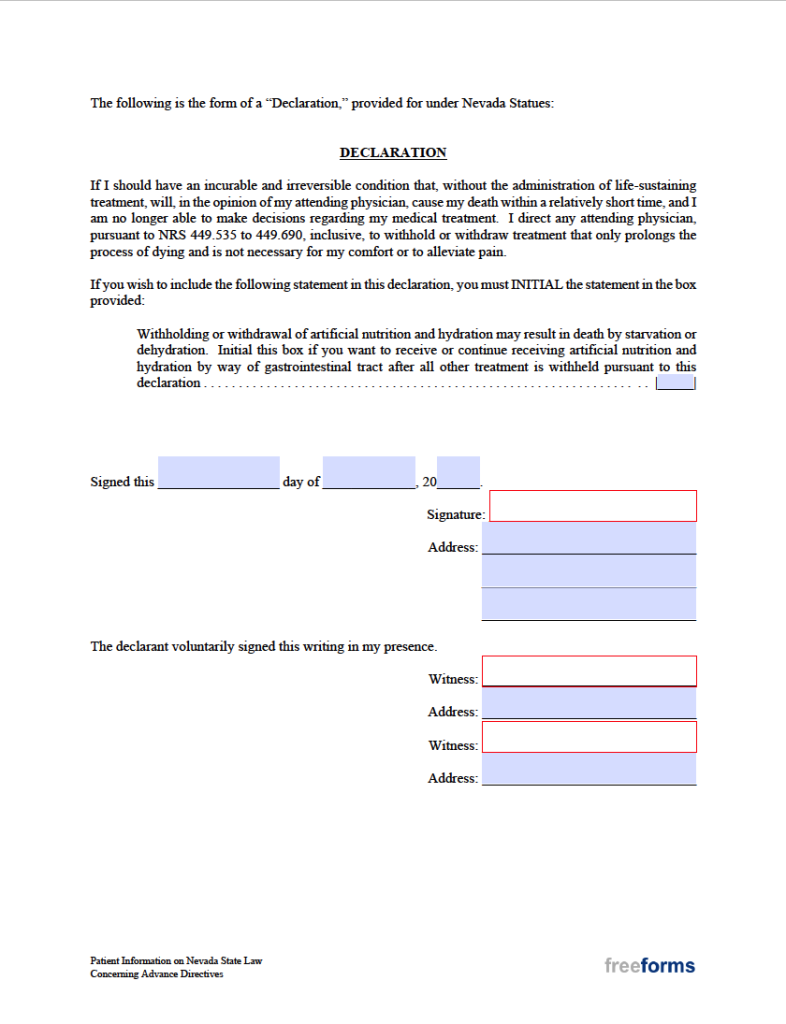 Free Nevada Living Will Form | PDF