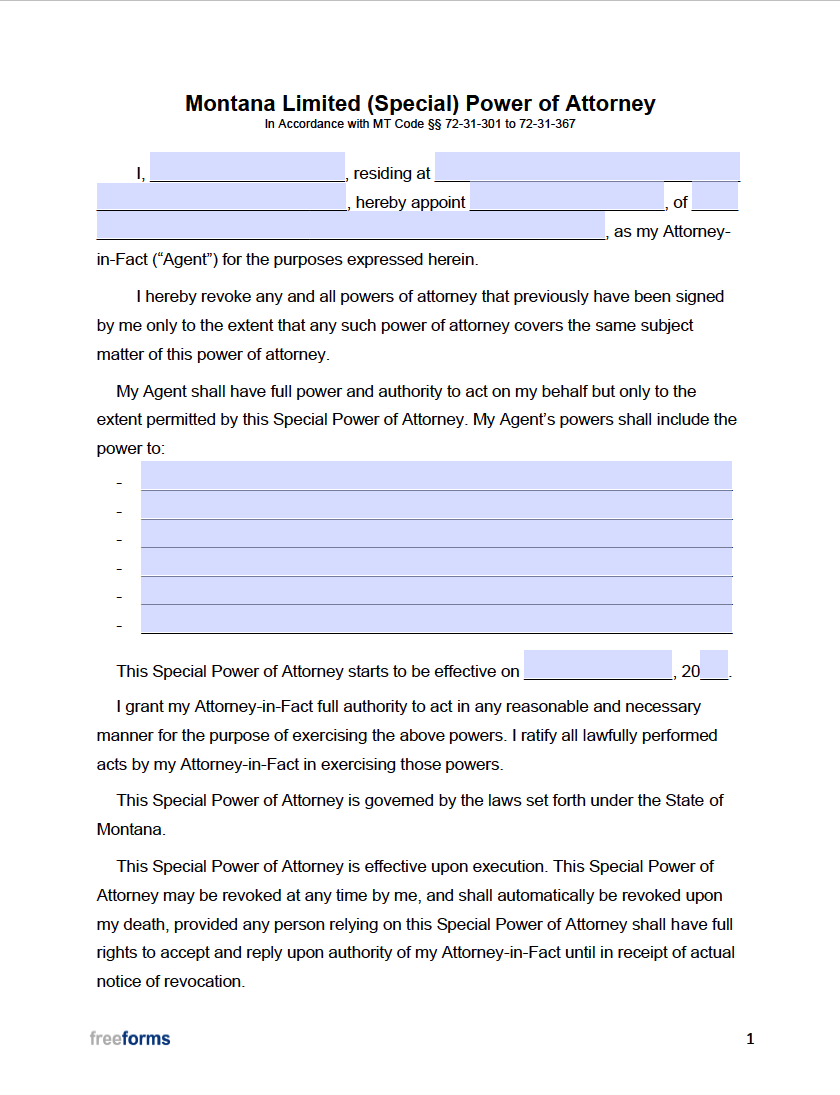 Free Montana Limited Special Power Of Attorney Form Pdf Word 9031