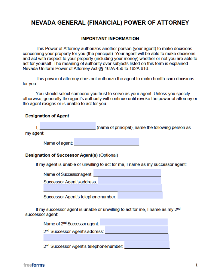 Free Nevada General Financial Power Of Attorney Form Pdf Word 9321