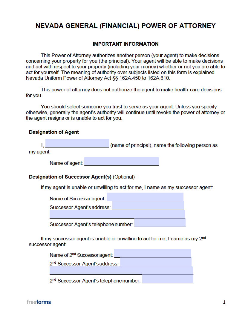 Free Nevada General (Financial) Power of Attorney Form PDF WORD