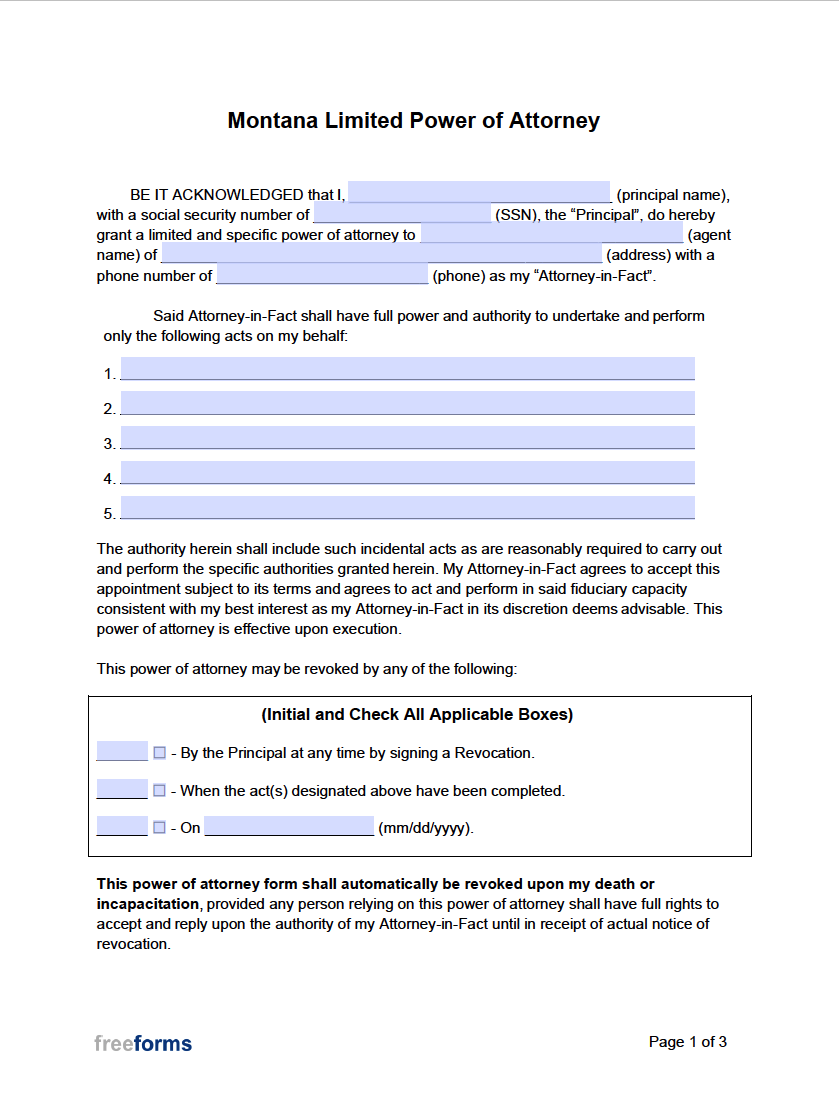 Free Montana Limited Special Power Of Attorney Form Pdf Word 1352